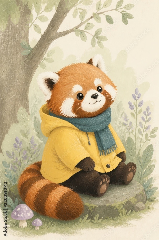 Obraz premium Cute red panda in yellow coat and scarf sitting in forest