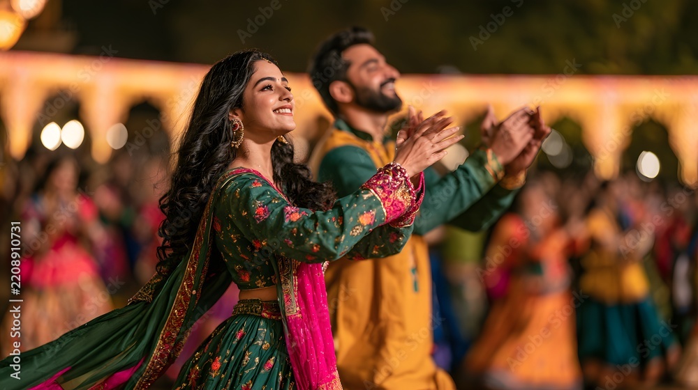 Fototapeta premium Indian couple clapping and dancing together during a vibrant cultural festival celebration