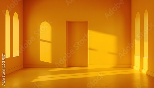Orange Wall with Arched Window Shadow and Open Doorway in Sunlight