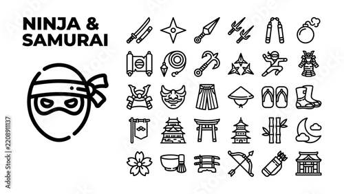 Ninja and Samurai Icon Set: A collection of line art icons depicting various elements associated with ninjas and samurai, including weapons, armor, traditional Japanese structures, and symbols.