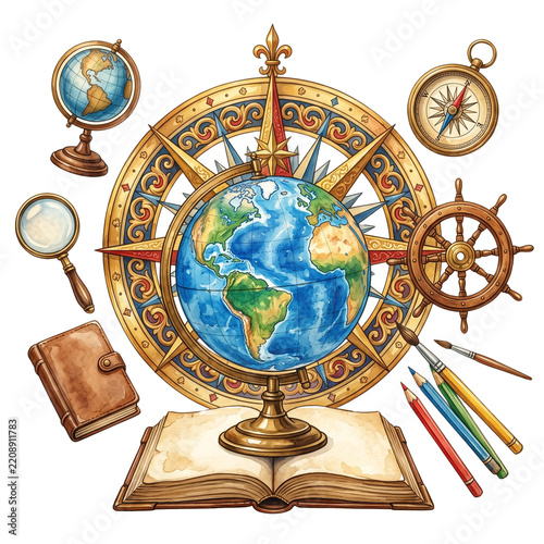 Travel and Navigation Set with World Globe Vintage Compass and Map Illustration   JPG