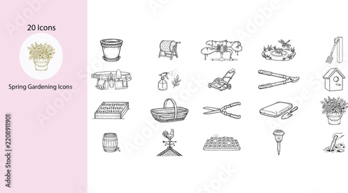 Spring Gardening Line Art Icon Set - Hand Drawn Vectors for Garden Tools, Planting & Horticulture