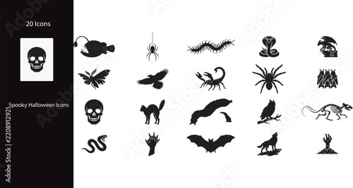 Spooky Halloween Silhouette Icons Set - Creepy Animals, Creatures & Horror Symbols Vectors
