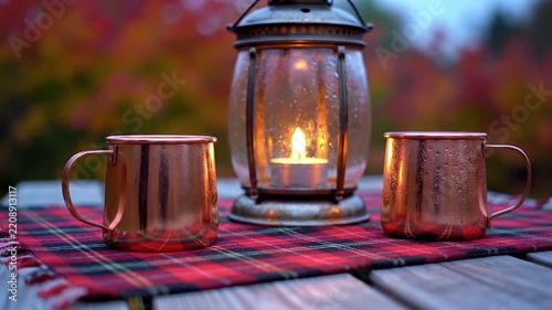 Copper mugs and lit lantern on plaid tablecloth in autumn