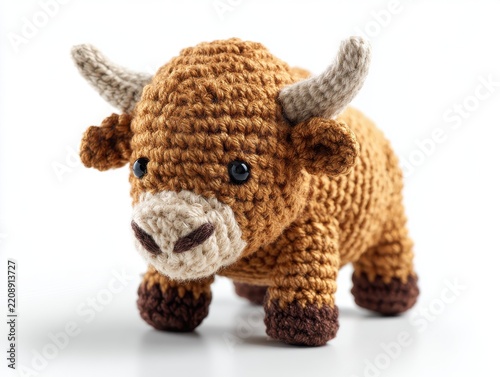 Cute Knitted Highland Cow Amigurumi Toy Isolated On White Background