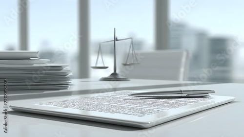 legal documents and pen on polished courtroom-style desk, balanced justice scale in background, dramatic natural light, corporate justice concept