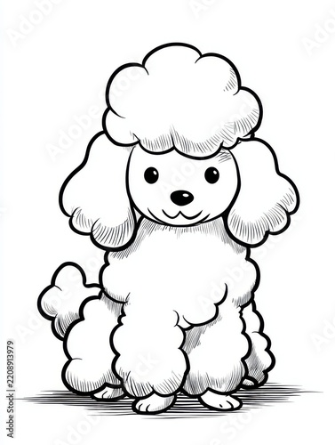 Cute Poodle Dog Black And White Line Art Illustration Isolated On White Background
