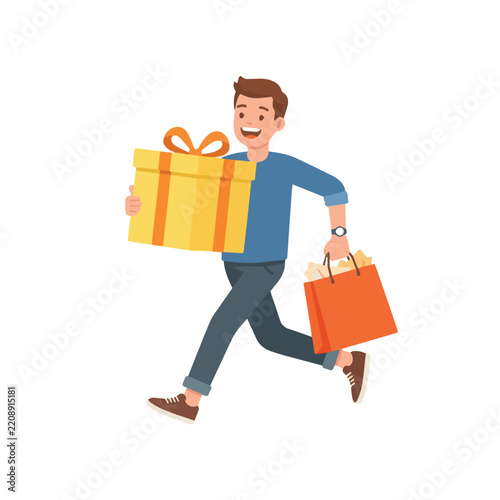 Happy Young Man Running Fast Carrying Big Gift Box and Shopping Bag for Celebration and Holiday