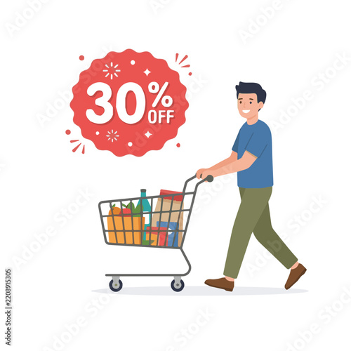 Happy Young Man Pushing a Shopping Cart Full of Groceries with a Thirty Percent Off Discount Label