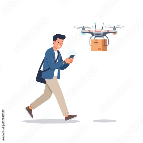 Modern autonomous delivery drone carrying cardboard parcel to a man tracking with smartphone app