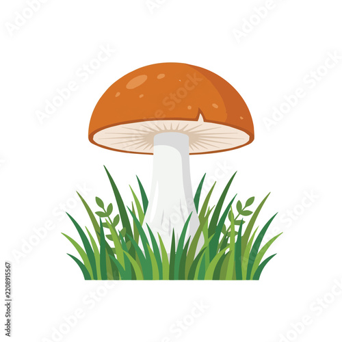 Wild Mushroom with Brown Cap Growing in Green Grass, Flat Vector Illustration Isolated on White
