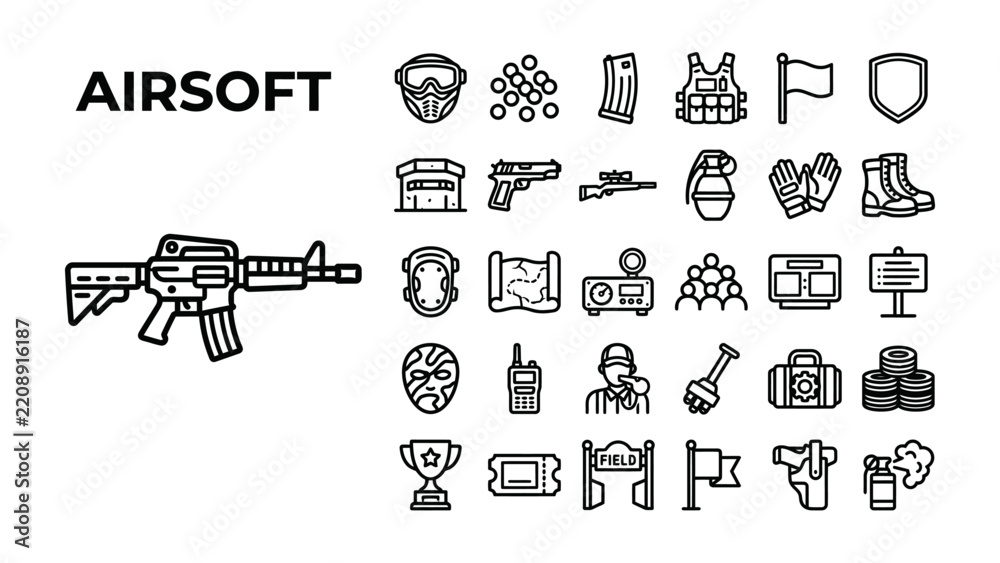 Obraz premium Airsoft Icons Set: A comprehensive collection of line art icons representing various elements of airsoft, including weapons, gear, and gameplay accessories.