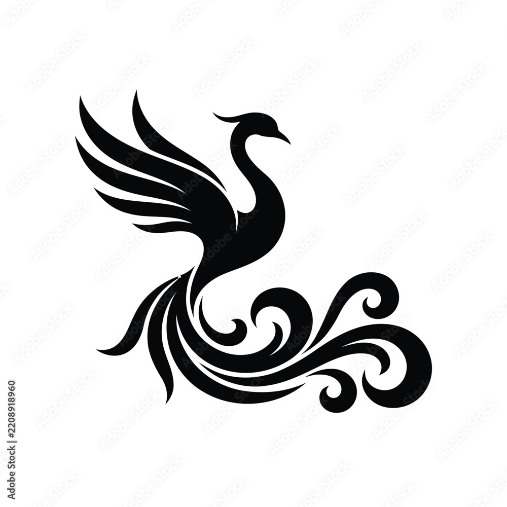 Fototapeta premium Minimalist black silhouette of a mythical phoenix bird with elegant swirling tail feathers on white background