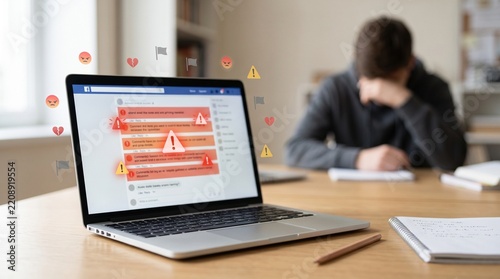 Student Facing Cyberbullying and Hostile Online Comments on Laptop in School Awareness Concept