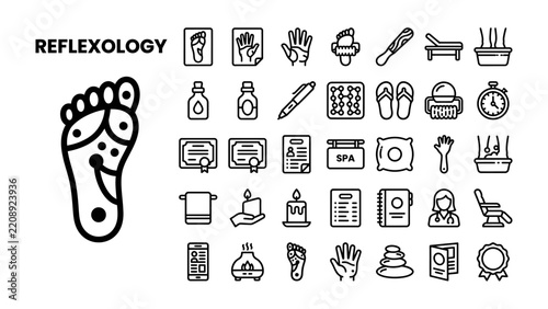 Reflexology Icons Collection: A comprehensive set of line art icons representing various aspects of reflexology, including foot charts, massage tools, spa treatments, and wellness symbols.