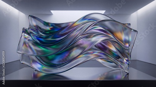Iridescent glass wave sculpture reflecting colorful light in a minimalist gallery with interior