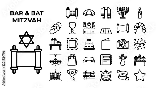 Bar and Bat Mitzvah Icon Set: A comprehensive collection of outline icons representing elements of a Bar and Bat Mitzvah celebration, including Torah scrolls, menorah, challah.