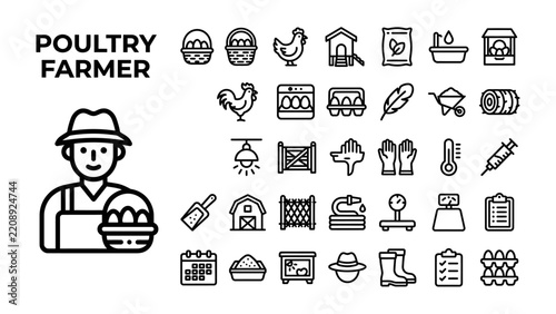 Poultry Farmer Icons: A collection of line art icons depicting elements of a poultry farmer's life and work, including a farmer character, chickens, eggs, coops, and farming tools.