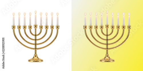 Fotografie Gold menorah with burning candles for Hanukkah holiday celebration