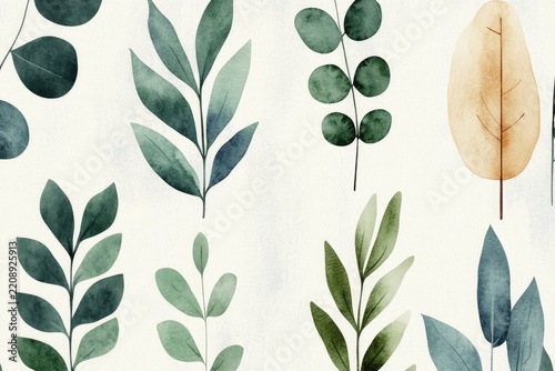 Watercolor botanical leaf pattern in sage green