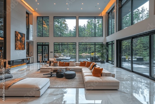 Bright sunroom interior with large glass windows