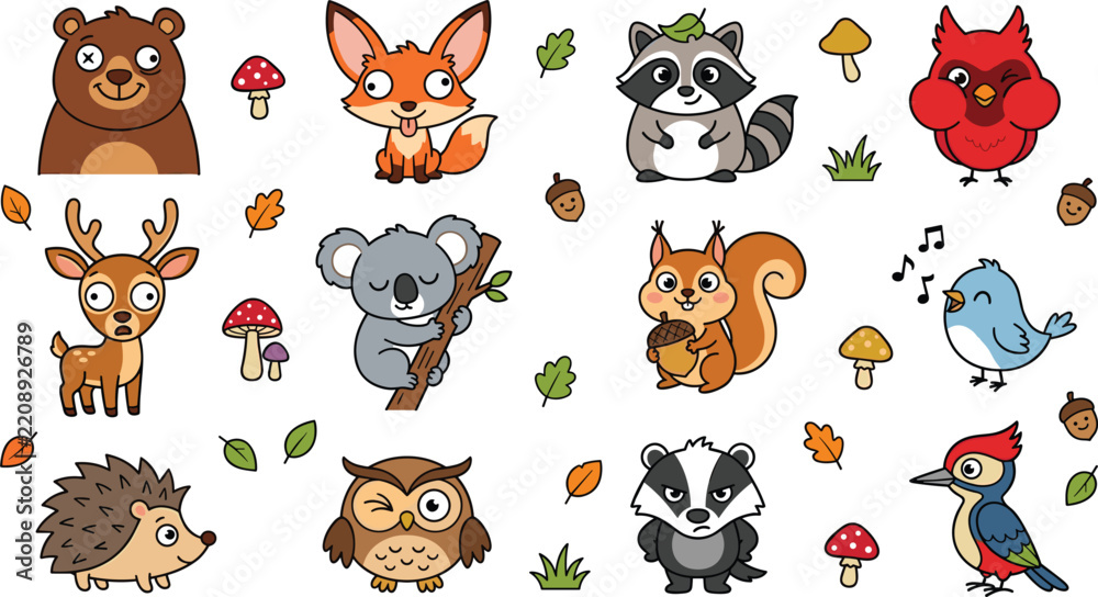 Fototapeta premium Cute Forest Animals Vector Sticker Sheet Featuring Bear Fox Raccoon Deer Koala Squirrel Hedgehog Owl Badger and Birds for Kids Design