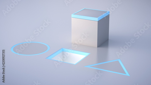 Cube on gray underground, triangle, quadrat and circle, dexterity game