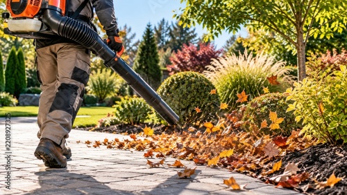 Professional Landscaper Using Backpack Leaf Blower for Autumn Garden Cleanup