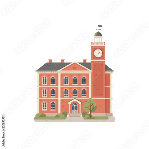 Classic Red Brick University Building with Clock Tower Illustration Isolated on White Background