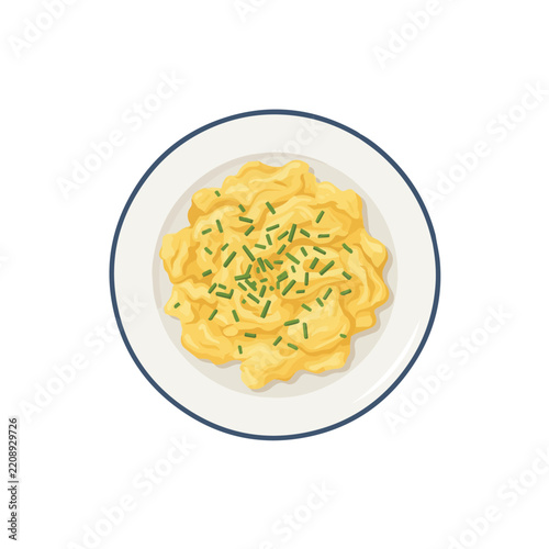 Delicious Breakfast Scrambled Eggs with Fresh Chives on White Plate Vector Illustration Top View