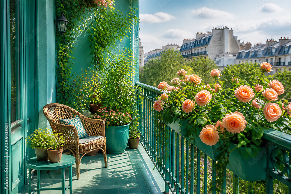 Fototapeta premium A lush, green balcony with a wicker chair and vibrant roses overlooks a cityscape under a bright sky.