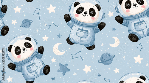 Cute cartoon pandas in astronaut costumes flying in space seamless pattern