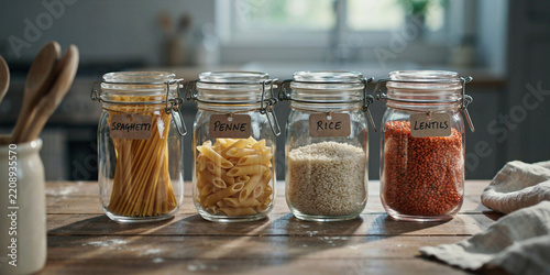 Four glass jars filled with different dry food ingredients: spaghetti, penne pasta, rice, and lentils. The jars are neatly arranged on a wooden surface, with kitchen counter in the background