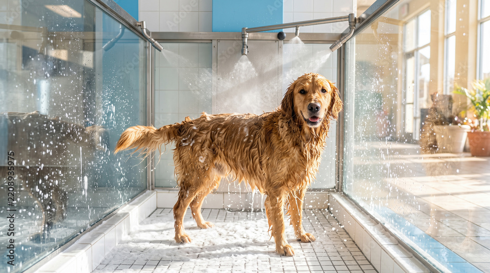 Naklejka premium Wet Golden Retriever dog standing inside automatic commercial pet wash shower station while water nozzles spray mist across soapy tiled floor