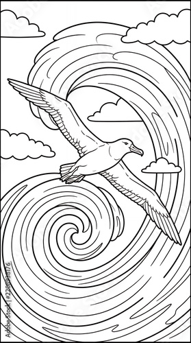 Albatross flying over waves coloring page line art illustration.