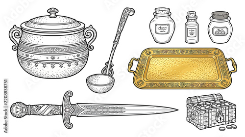 Vintage Kitchenware, Weapon, and Treasure Chest Collection