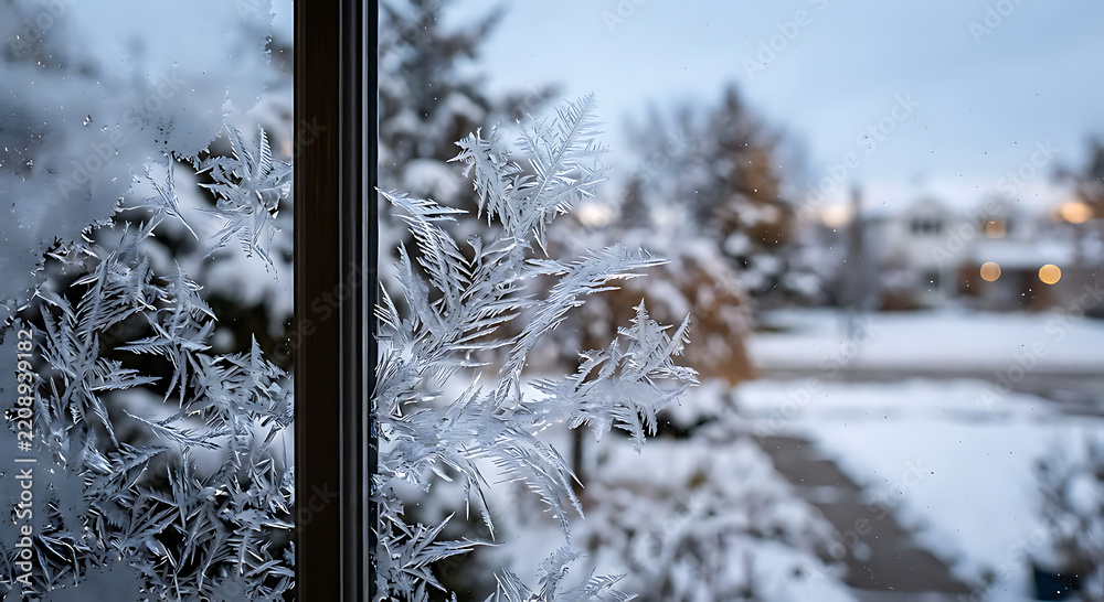 Fototapeta premium Frost Patterns on Window Glass with Blurred Snowy Suburban Neighborhood View
