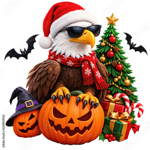 Cool Bald Eagle in Santa Hat and Sunglasses with Pumpkins, Funny Holiday Illustration