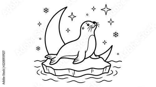 Cute seal on ice floe with moon coloring page.