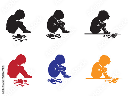 Silhouette of a child sitting alone in various vibrant colors against a white background