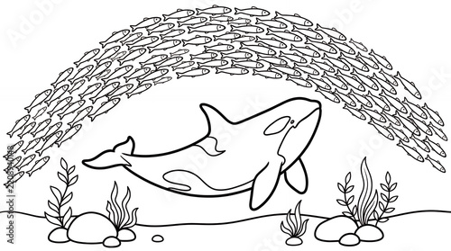 Orca and fish school coloring page line art.