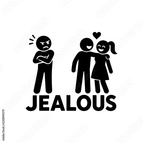 Jealous man watching couple in love stick figure icon