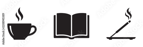 Cozy Relaxation Icons: Coffee Cup, Open Book, Incense Stick, Vector Graphics for Comfort and Leisure