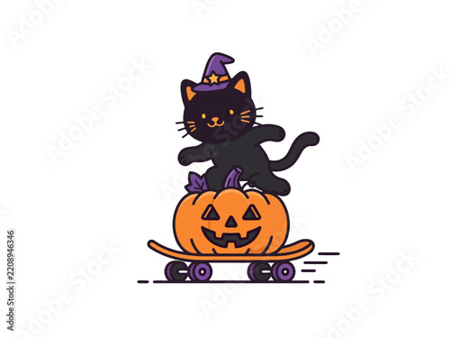 Halloween icon cat riding pumpkin skateboard character illustration
