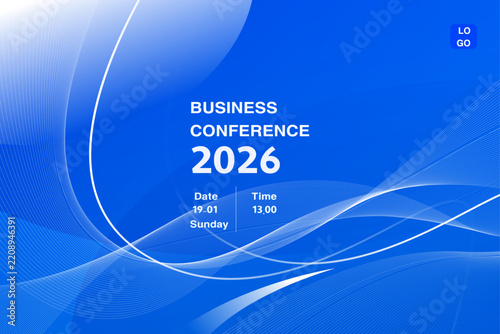 Abstract modern business conference design template with fluid shape composition. Minimal flyer layout. Vector, 2026