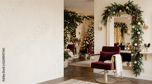Beauty salon interior decorated with Christmas garland and tree. Festive holiday atmosphere in a luxury hair parlor with copy space.