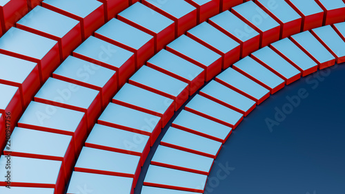 Curved rows of blue and red 3d blocks abstract pattern