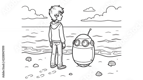 Boy and robot standing on beach looking at sea.