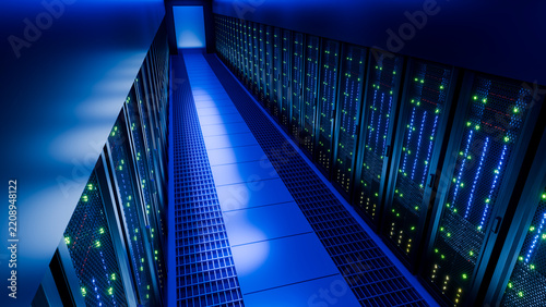 Data center corridor with illuminated server racks and network