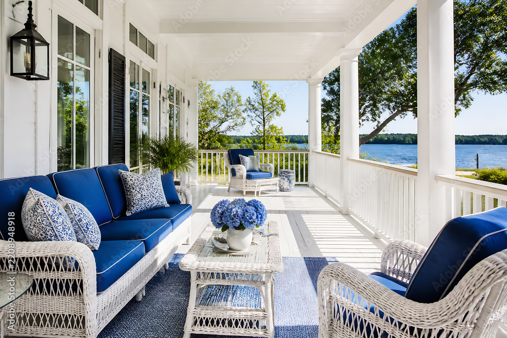 Fototapeta premium An outdoor patio area with white columns, wicker furniture, and blue cushions overlooking a body of water.